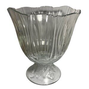 Clear Glass Pedestal Bowl With Leaf Design & Scalloped Edge Textured Embossed 8"